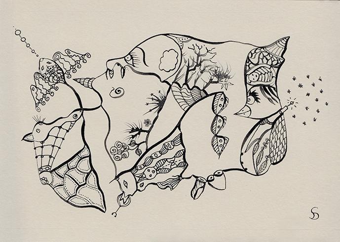 dessin 17 A4 encre de chine noir couleurs aquarelle le carrosse enchanté