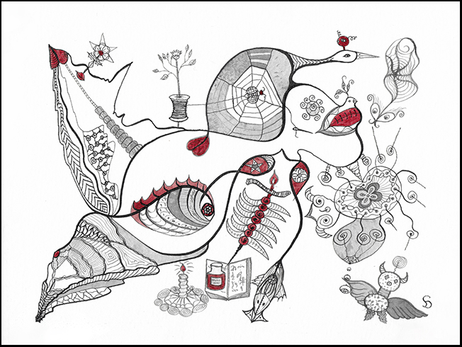 dessin 6 A5 encre de chine noir sanguine l'oiseau tisserand